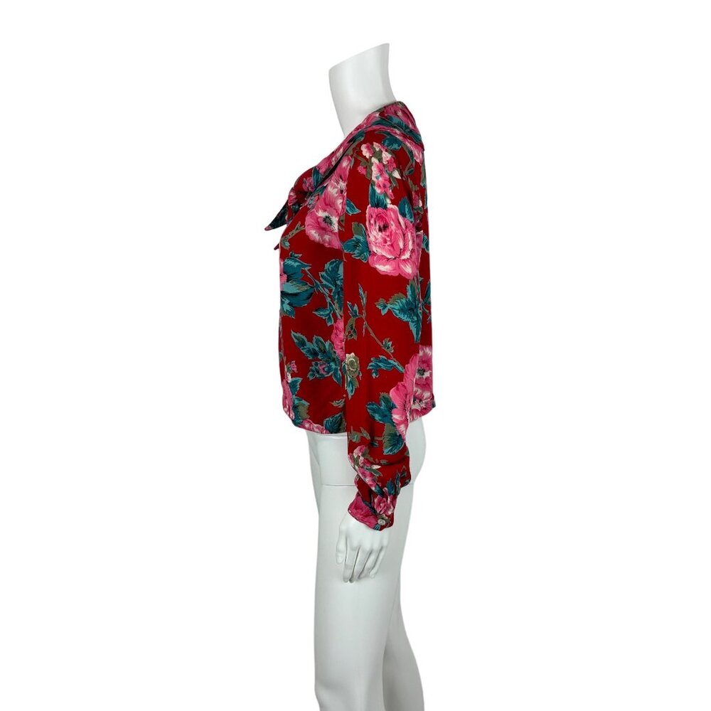 Vintage 90s Floral Blouse Women's Medium Red Pink Print Rayon Necktie Top - Picture 7 of 11